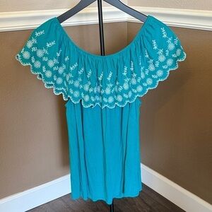 Adrianna Papell Teal Floral Off-Shoulder Blouse